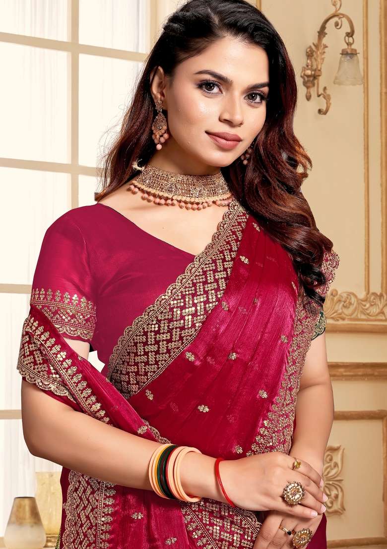 Magenta Sequin Work Art Silk Blend Saree Set for Diwali and Festive Wear - Indya