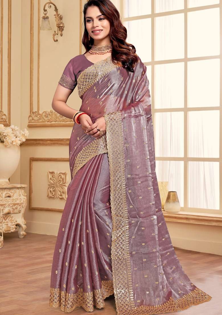 Lavender Work Blend Art Silk Saree Set with Sequin for Diwali | Wedding & Festive Wear - Indya