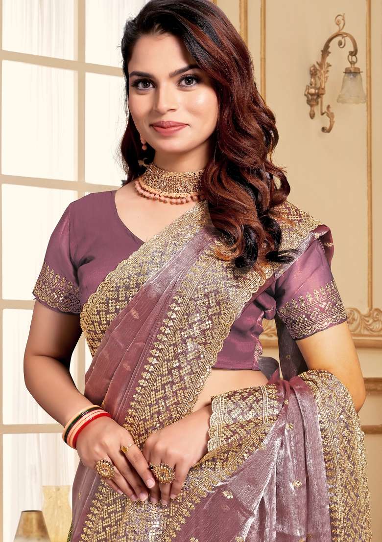 Lavender Work Blend Art Silk Saree Set with Sequin for Diwali | Wedding & Festive Wear - Indya