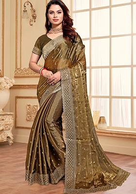 Brown Sequin Work Art Silk Saree Set