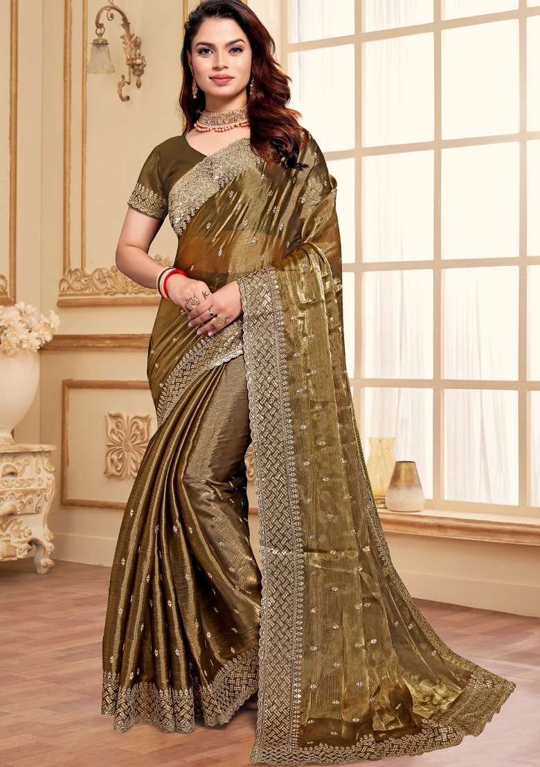 Brown Work Blend Art Silk Saree Set with Sequin for Diwali | Wedding & Festive Wear - Indya