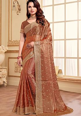 Peach Sequin Work Art Silk Saree Set