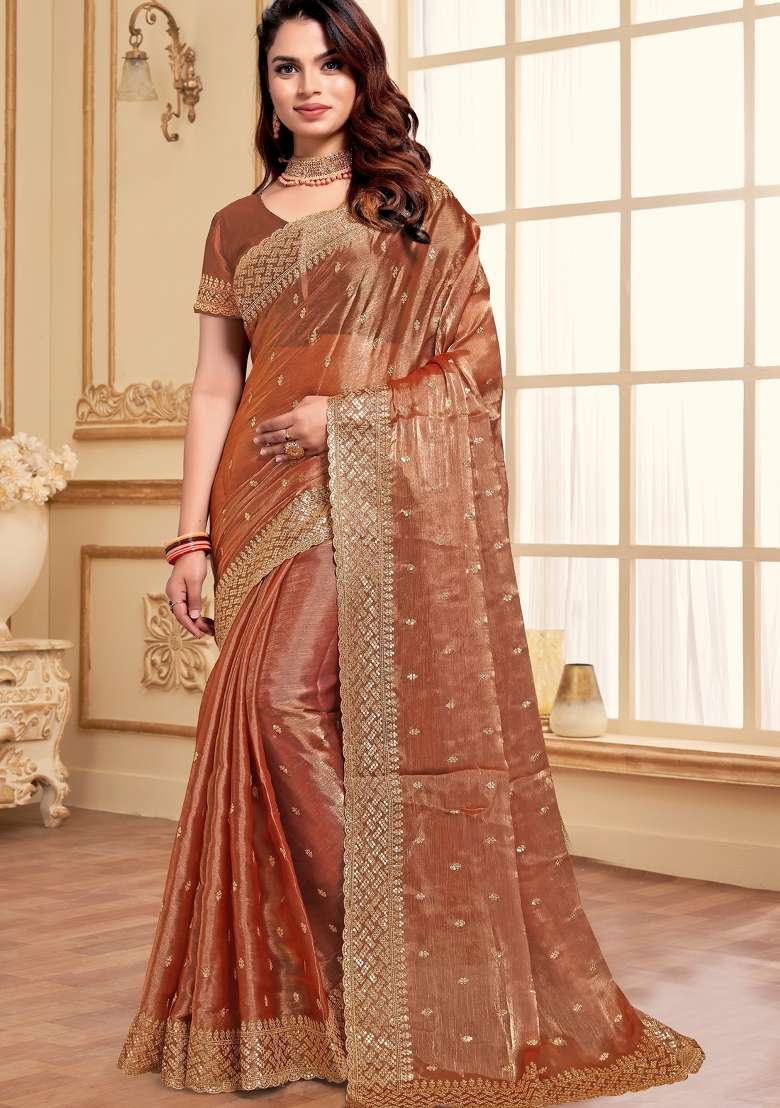 Peach Sequin Work Art Silk Blend Saree Set for Diwali and Festive Wear - Indya