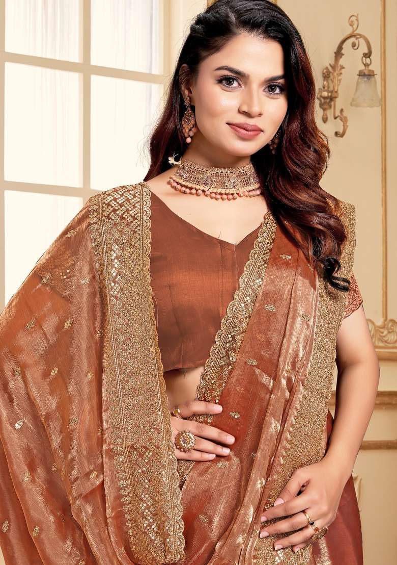Peach Sequin Work Art Silk Blend Saree Set for Diwali and Festive Wear - Indya