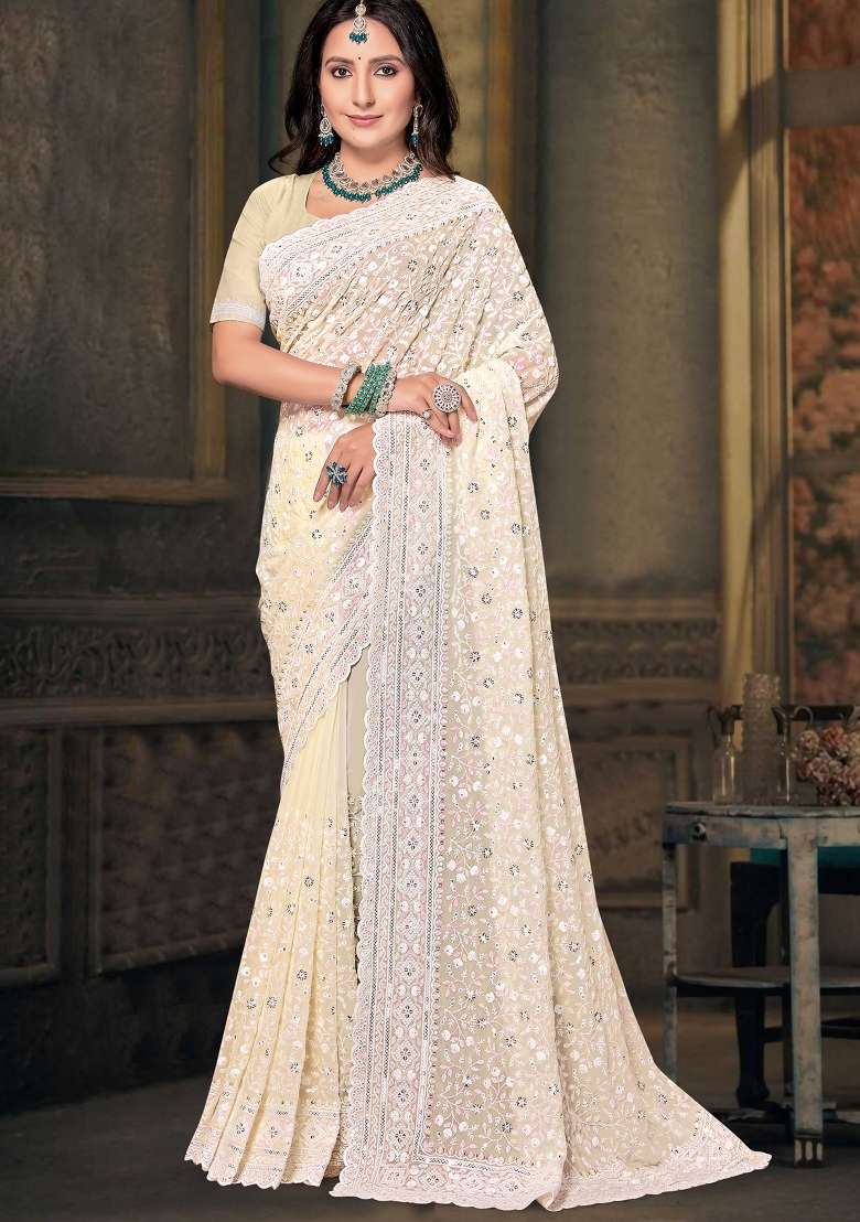 Yellow Sequin Work Georgette Saree Set for Diwali and Festive Wear - Indya