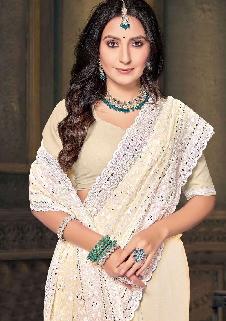 Yellow Sequin Work Georgette Saree Set for Diwali and Festive Wear - Indya
