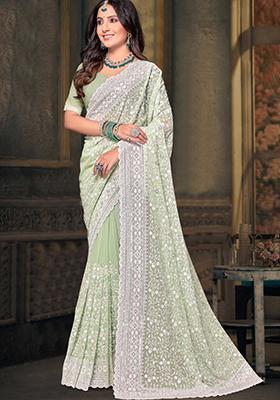 Green Sequin Work Georgette Saree Set