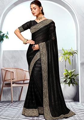 Black Embroidered Art Silk Saree Set