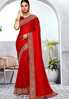 Red Embroidered Art Silk Saree Set