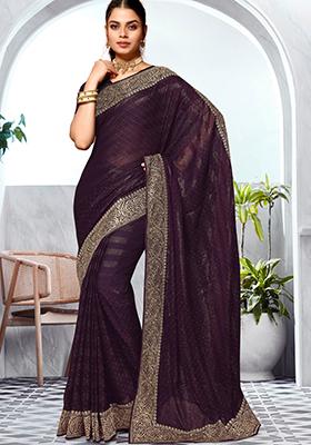 Purple Embroidered Art Silk Saree Set