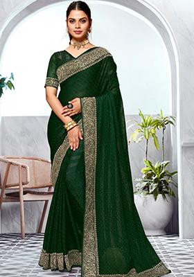 Bottle Green Embroidered Art Silk Saree Set