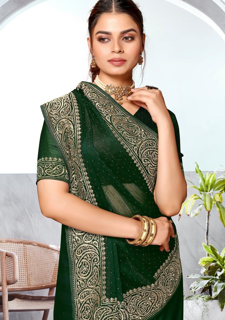 Bottle Green Embroidered Art Silk Saree Set - Indya