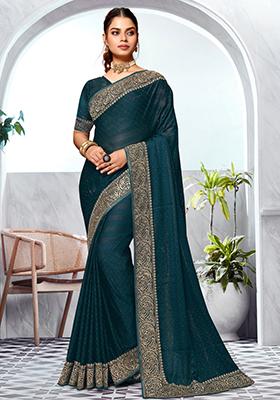 Teal Blue Embroidered Art Silk Saree Set