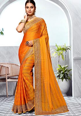 Mustard Yellow Embroidered Art Silk Saree Set