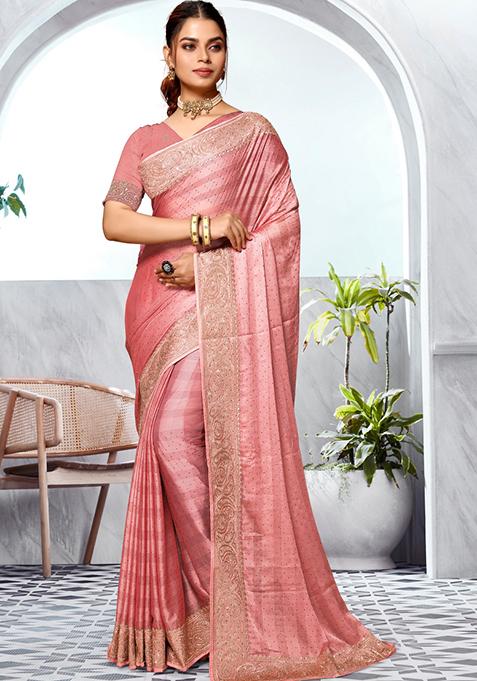Peach Embroidered Art Silk Saree Set