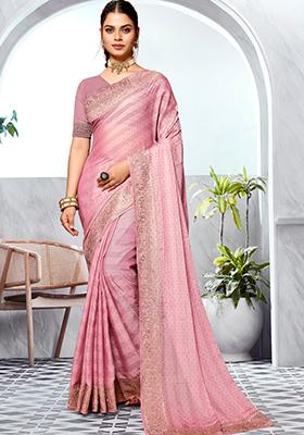 Pink Embroidered Art Silk Saree Set