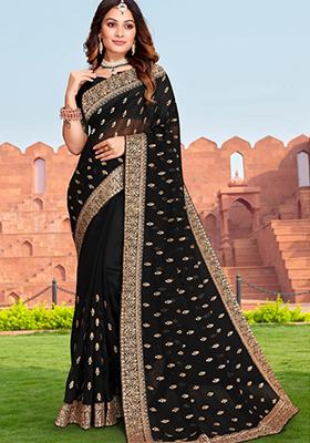 Black Embroidered Georgette Saree Set