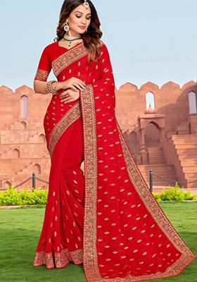Red Embroidered Georgette Saree Set