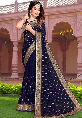 Navy Blue Embroidered Georgette Saree Set