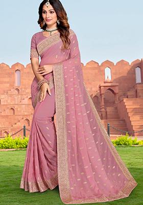 Pink Embroidered Georgette Saree Set