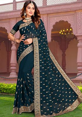 Teal Blue Embroidered Georgette Saree Set