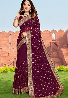 Wine Embroidered Georgette Saree Set