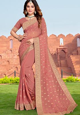 Peach Embroidered Georgette Saree Set