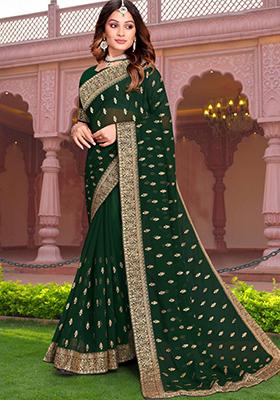Bottle Green Embroidered Georgette Saree Set