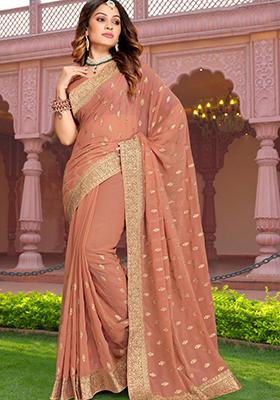 Peach Embroidered Georgette Saree Set