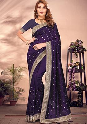 Purple Embroidered Art Silk Saree Set