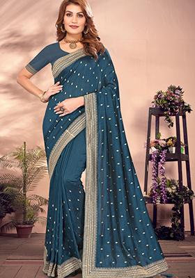 Teal Blue Embroidered Art Silk Saree Set