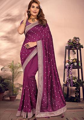 Wine Embroidered Art Silk Saree Set