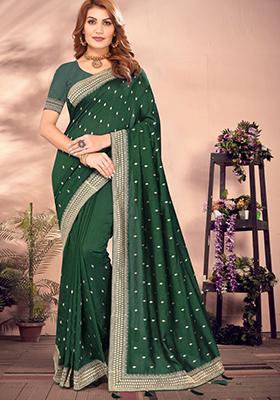 Dark Green Embroidered Art Silk Saree Set