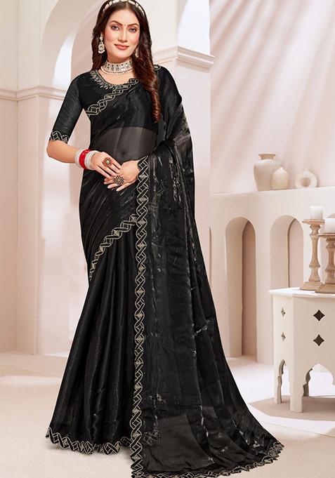 Black Sequin Work Chinon Saree Set