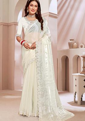 White Sequin Work Chinon Saree Set