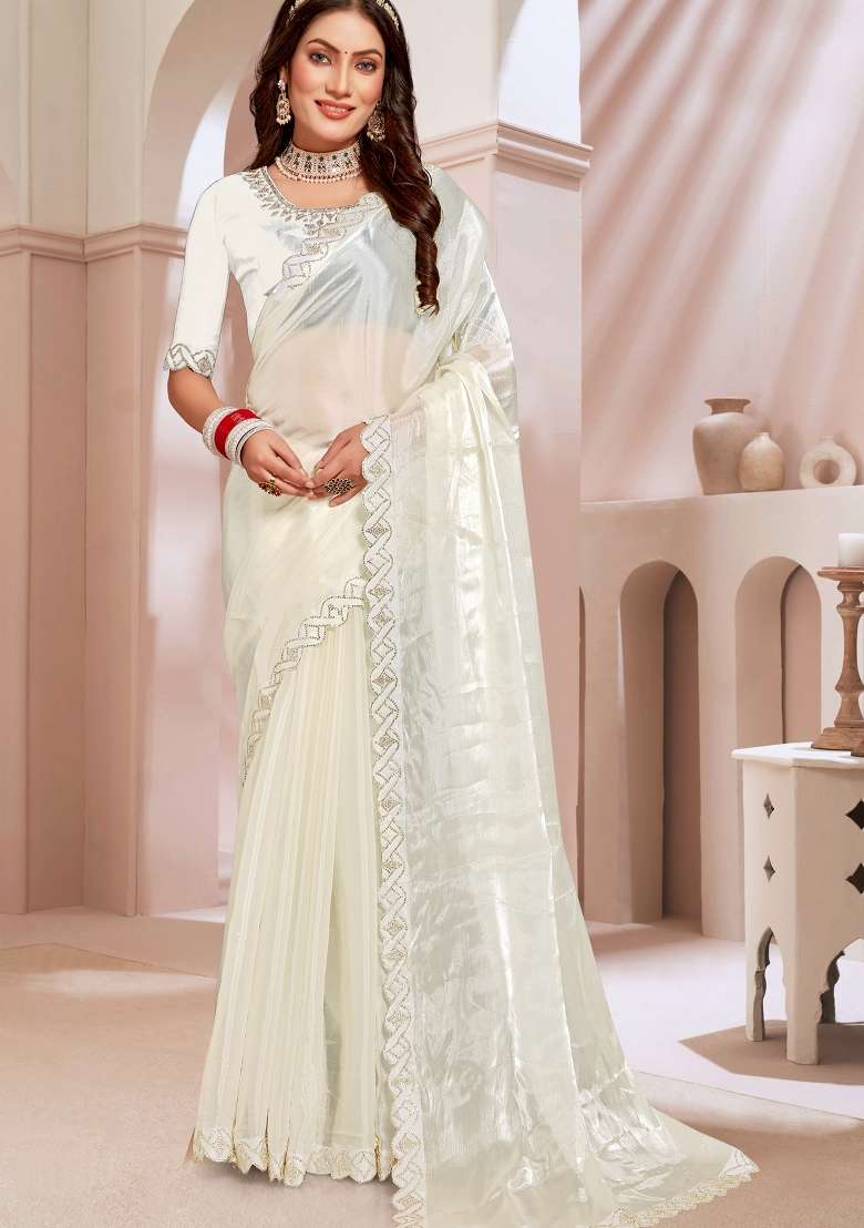 White Sequin Work Chinon Saree Set for Diwali and Festive Wear - Indya
