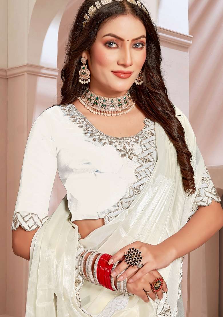 White Sequin Work Chinon Saree Set for Diwali and Festive Wear - Indya