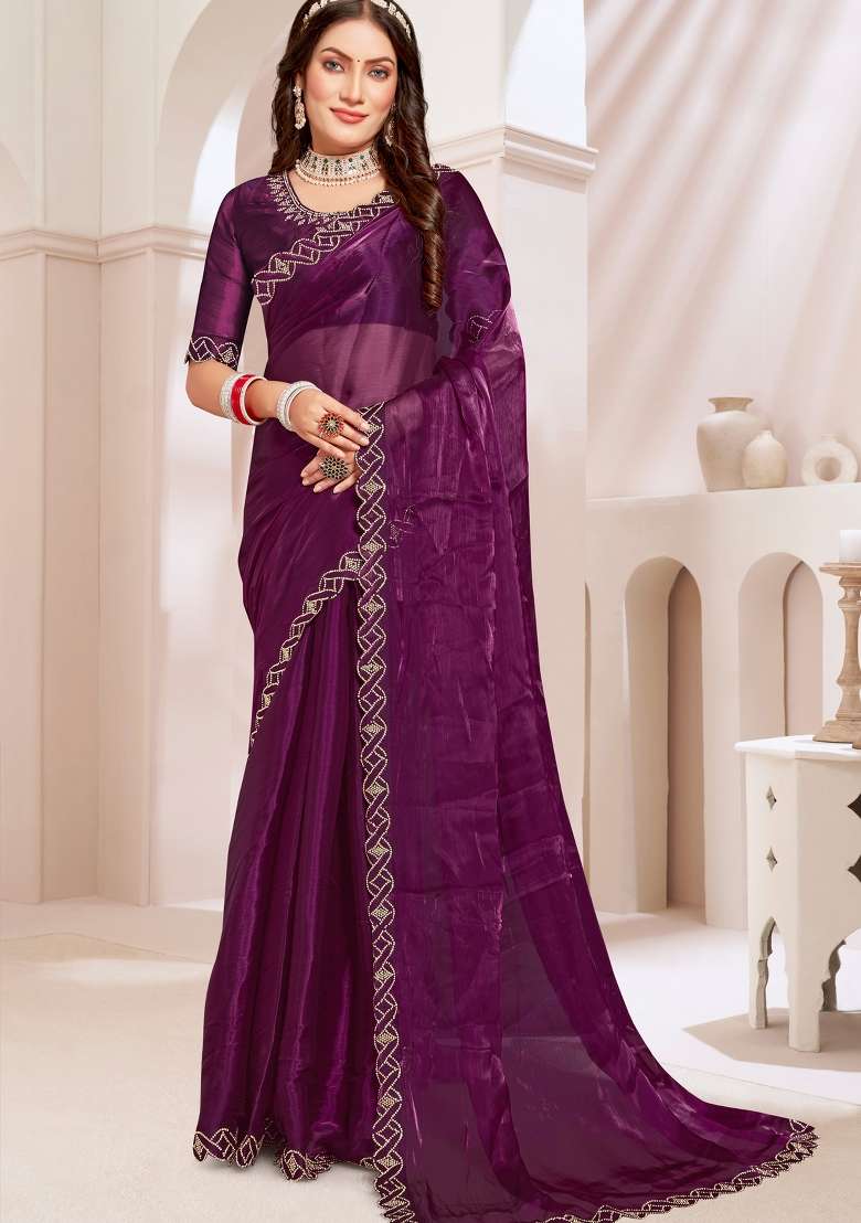 Purple Work Chinon Saree Set with Sequin for Diwali | Wedding & Festive Wear - Indya