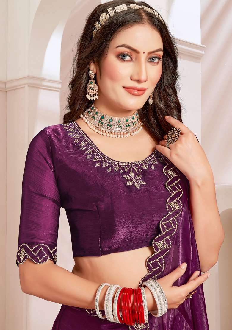 Purple Work Chinon Saree Set with Sequin for Diwali | Wedding & Festive Wear - Indya