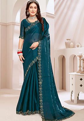 Teal Blue Sequin Work Chinon Saree Set