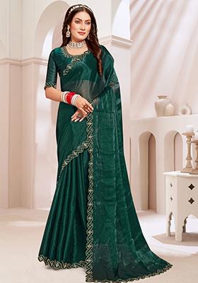 Teal Green Sequin Work Chinon Saree Set