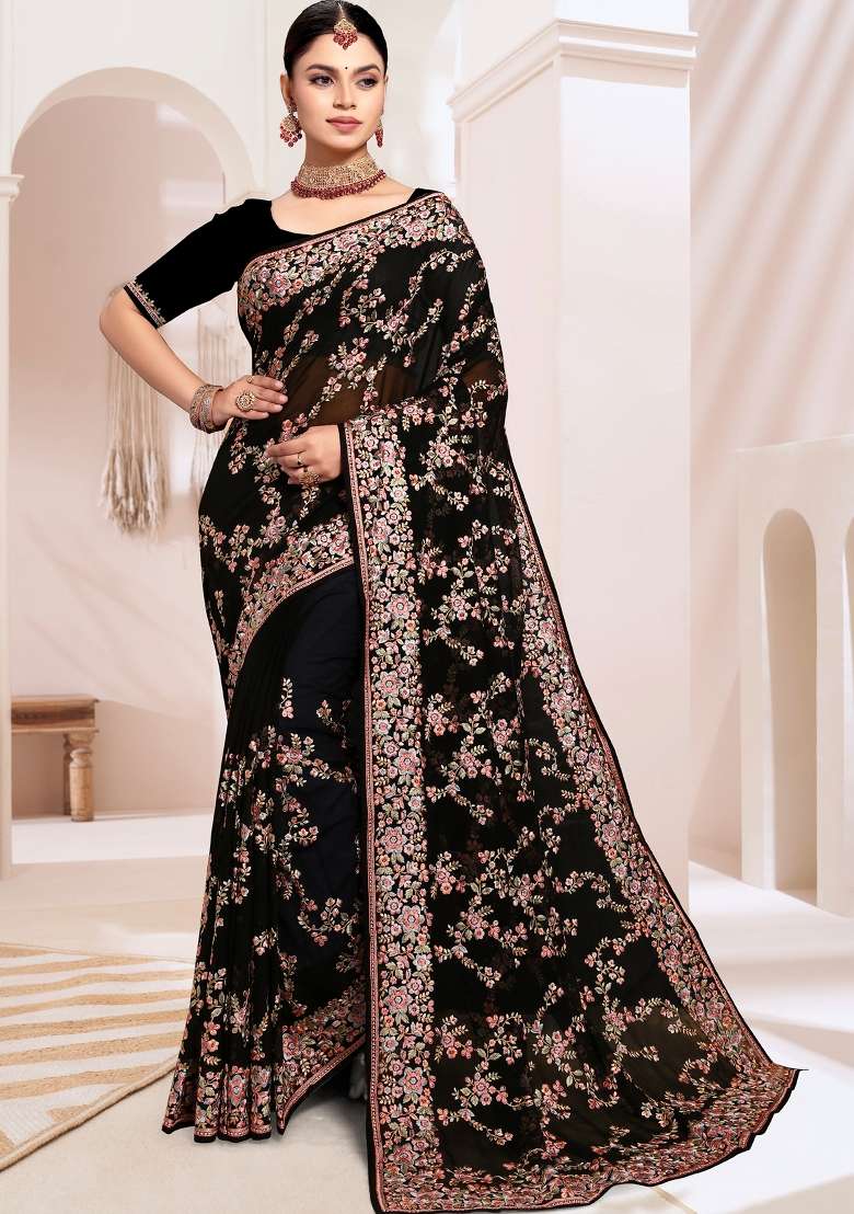 Black Embroidered Georgette Saree Set for Diwali and Festive Wear - Indya
