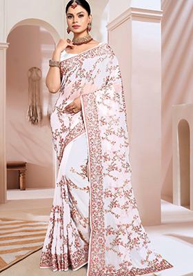 White Embroidered Georgette Saree Set