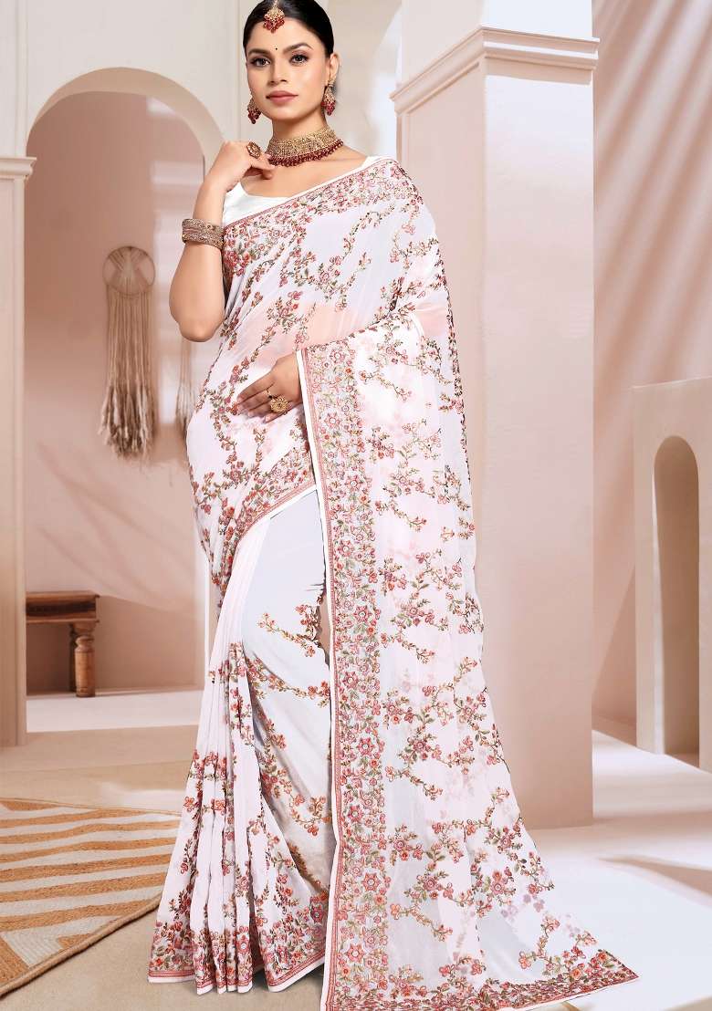 White Embroidered Georgette Saree Set for Diwali and Festive Wear - Indya