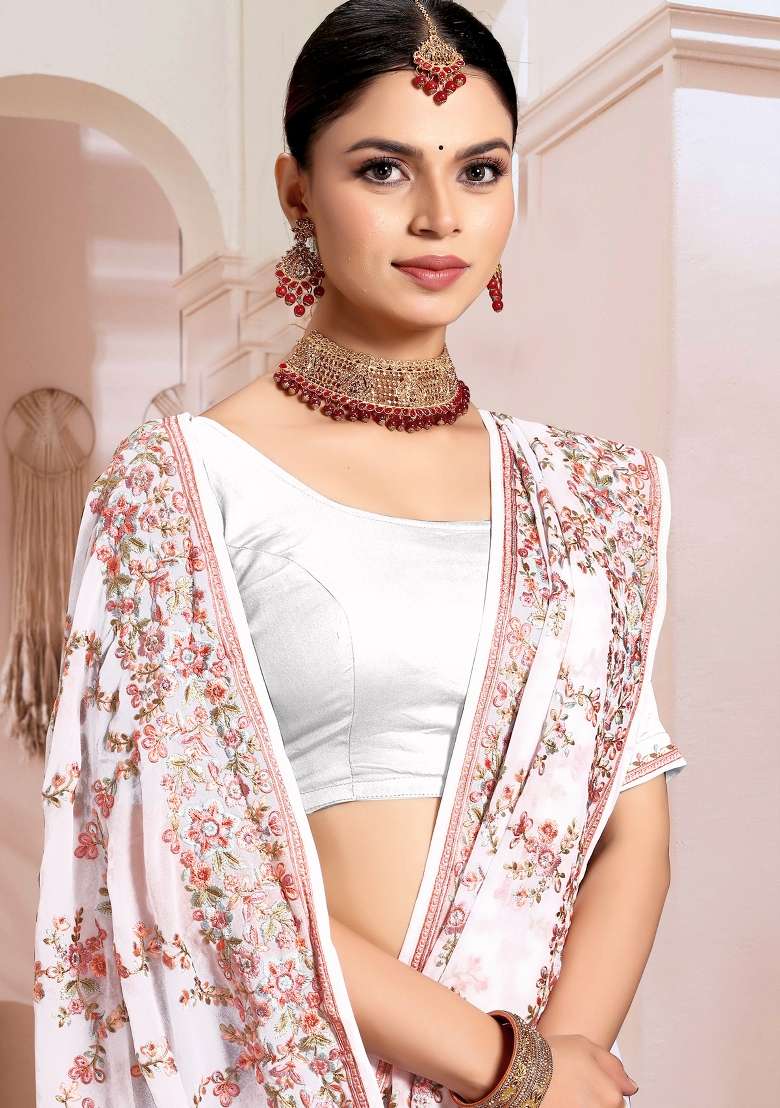 White Embroidered Georgette Saree Set for Diwali and Festive Wear - Indya