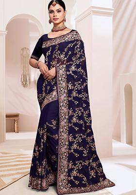 Navy Blue Embroidered Georgette Saree Set