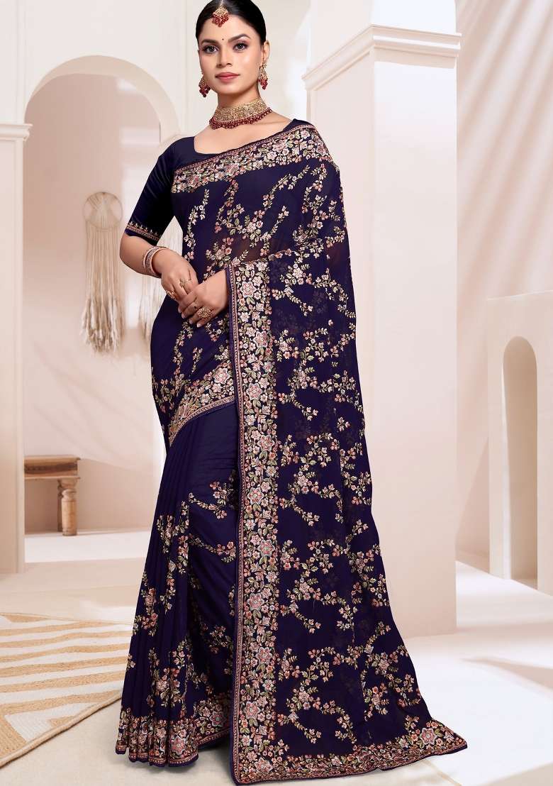 Navy Blue Georgette Saree Set with Embroidered for Diwali | Wedding & Festive Wear - Indya