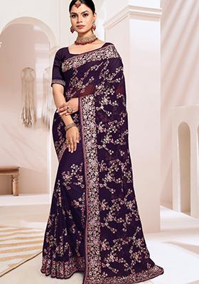 Purple Embroidered Georgette Saree Set