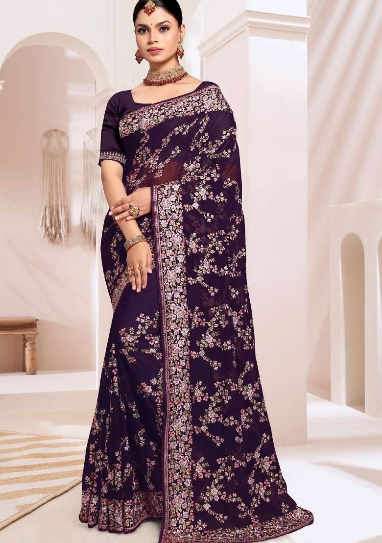 Purple Georgette Saree Set with Embroidered for Diwali | Wedding & Festive Wear - Indya