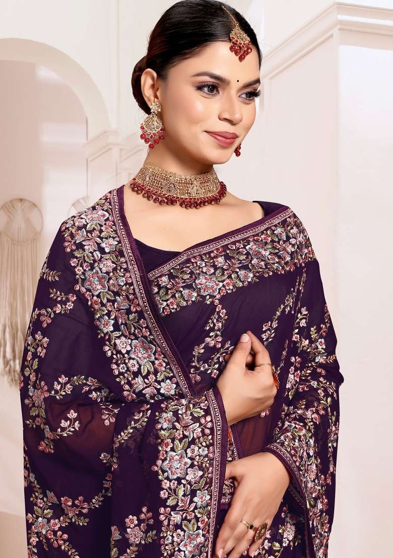 Purple Georgette Saree Set with Embroidered for Diwali | Wedding & Festive Wear - Indya